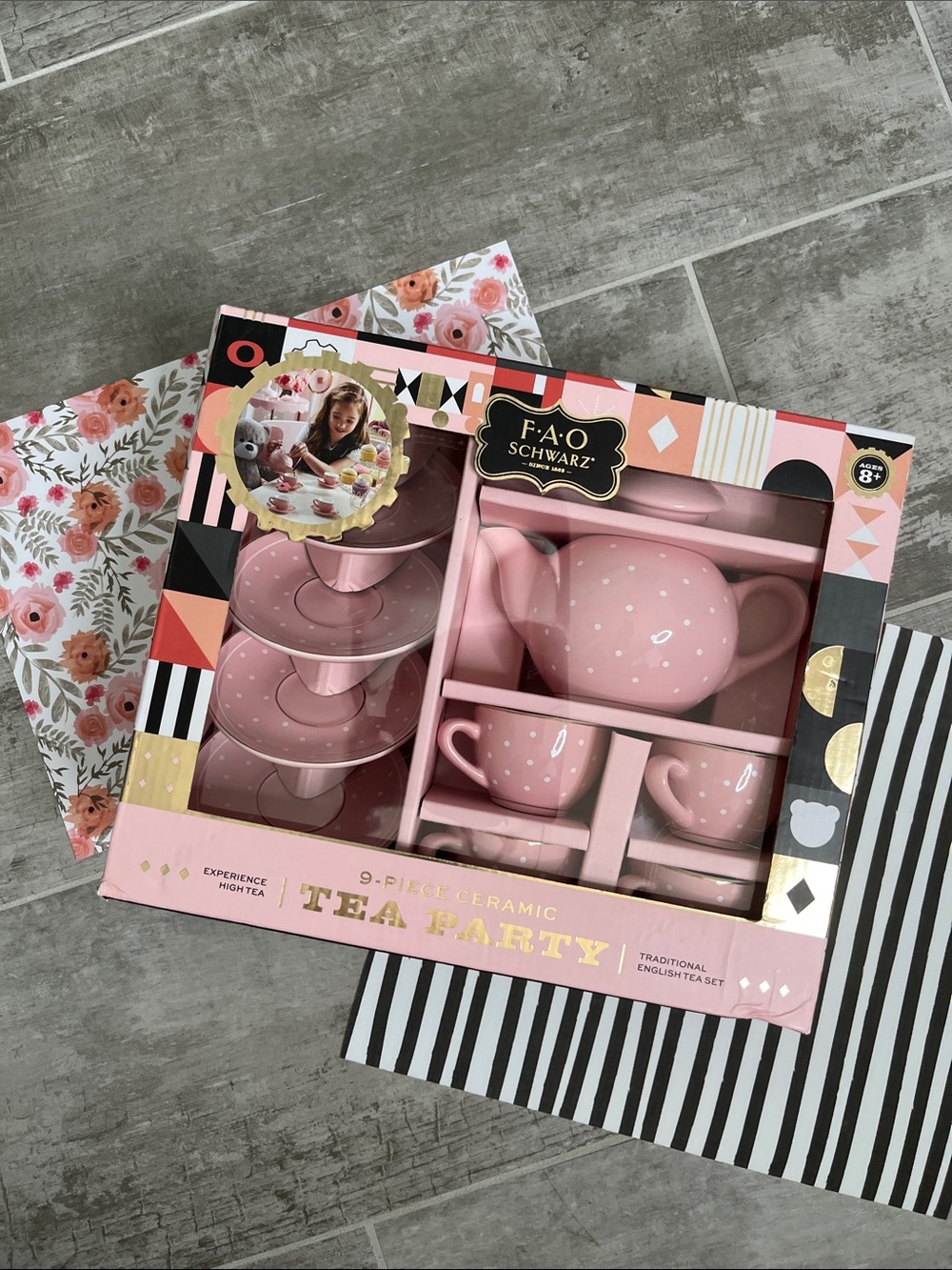 FAO Schwarz Pink Polka Dot Ceramic Tea Party Set - 9 Piece